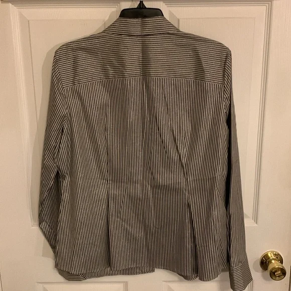 LAFAYETTE 148 NY Stripe Shimmer Button Down Long Sleeve Blouse Black Beige SZ 10 - Picture 2 of 16
